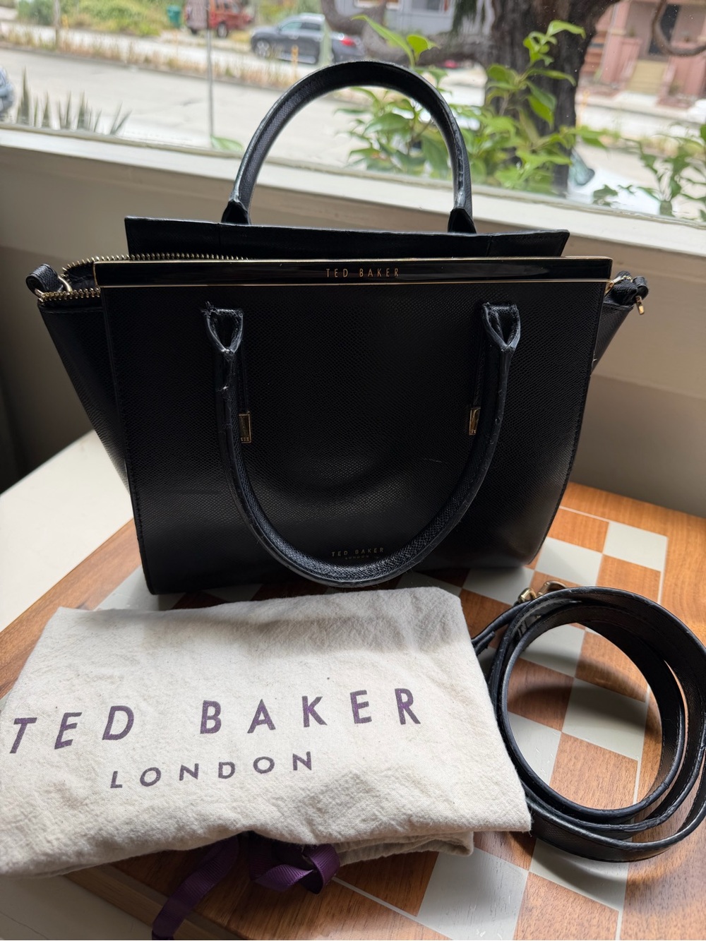 Ted Baker London Tabitha Black Structured Saffiano Leather Satchel with Strap